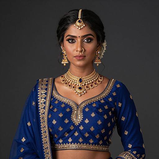Indian Woman in Blue Lehenga with Gold Jewelry