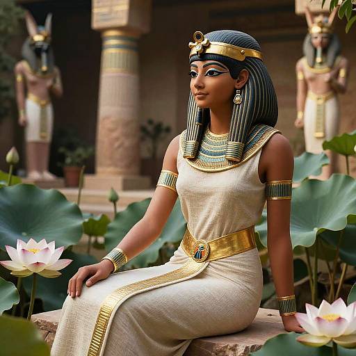 Digital artwork of an Egyptian queen with dark skin, black-striped headdress, white dress, gold accessories, sitting by lotus flowers, ancient temple background