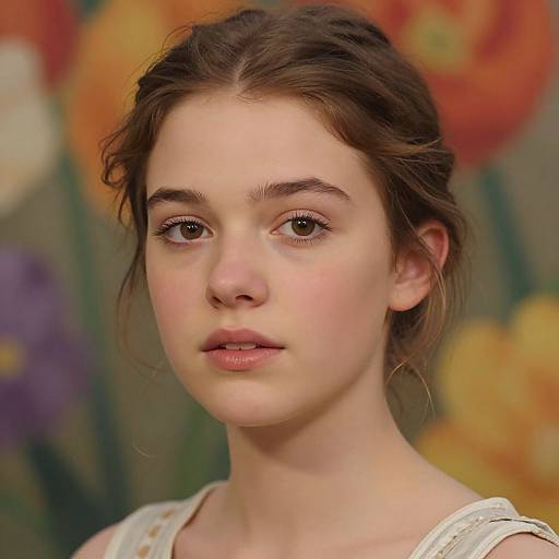 Photograph of a young Caucasian woman with fair skin, brown hair in a loose updo, wearing a white dress, against a colorful, blurred floral