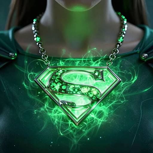 Photograph of a glowing green Superman pendant on a black leather necklace, emitting electric sparks, worn by a person with brown hair.