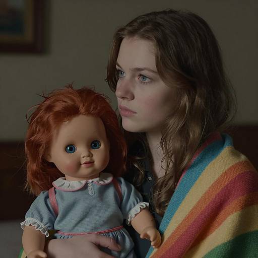 Young Woman and Creepy Doll in Dim Light