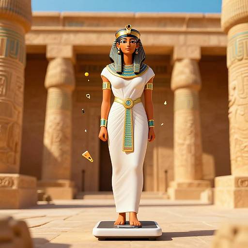 Digital artwork of an Egyptian woman in traditional white dress and headdress, standing on a platform in a sunlit temple courtyard.