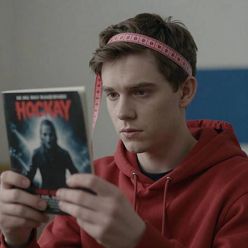 Young Man with Horror Movie Cover