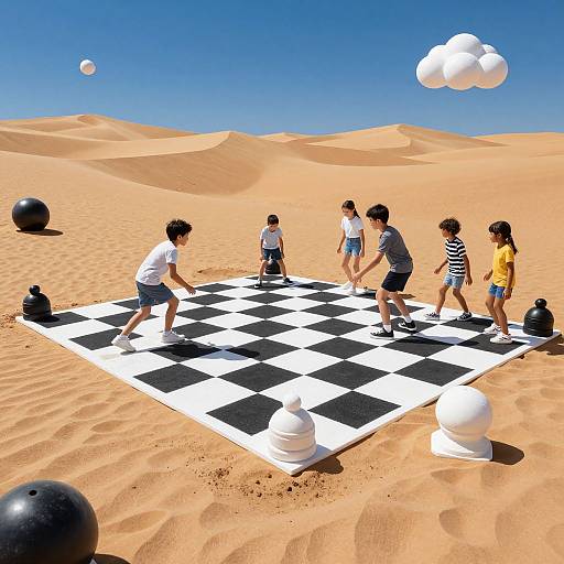Photograph of six children playing chess on a black-and-white checkered board in a desert with sand dunes and floating chess pieces. Bright blue sky