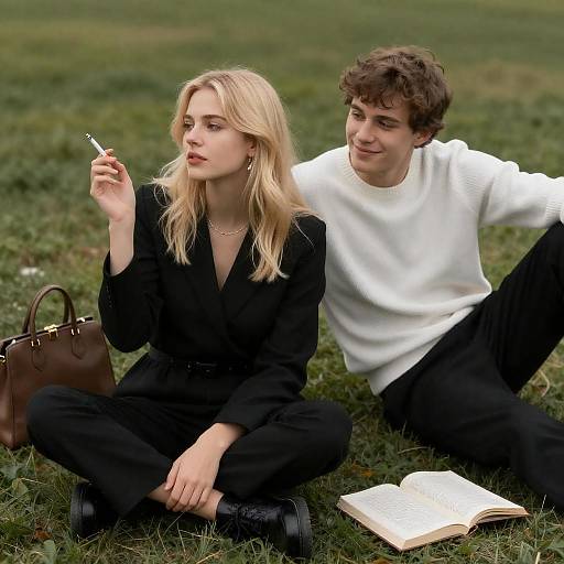 Photograph of a blonde woman in a black outfit smoking a cigarette, sitting on grass with a brown handbag, while a brown-haired man in a