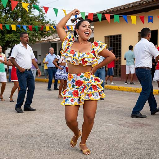 Photograph of a joyful Latina woman in a vibrant floral two-piece outfit, dancing outdoors with colorful bunting, surrounded by casually dressed onlookers.