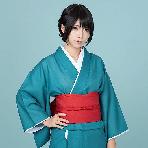 Photograph of an Asian woman with short black hair, wearing a teal kimono with a red obi belt, white collar, and light blue background