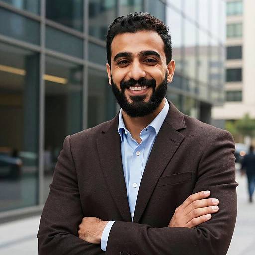 Photograph of a smiling, bearded Middle Eastern man with dark hair, wearing a black suit and light blue shirt, standing in front of a modern