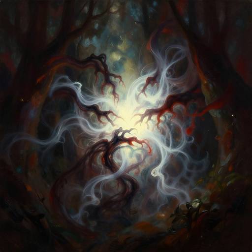 Digital painting of a swirling, luminous white light surrounded by dark, twisted, red and black roots in a dark, mystical forest.