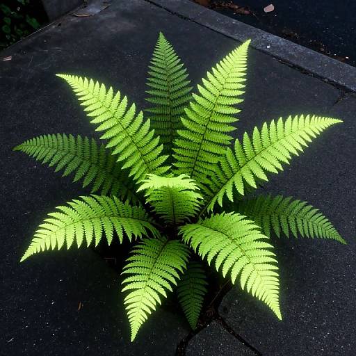 Photograph of bright green, luminescent fern leaves with intricate patterns, radiating from the center on a dark, textured concrete sidewalk.
