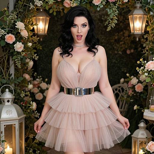 Photograph of a curvy, pale-skinned woman with dark curly hair, wearing a sheer, pink, tiered dress, black belt, and