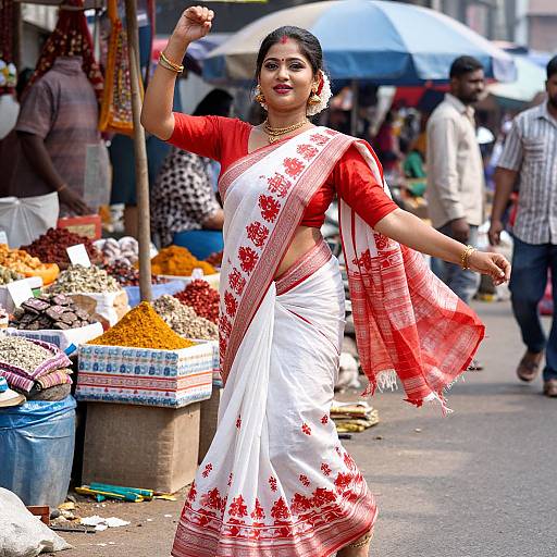 Photograph of a confident Indian woman in a red and white sari, adorned with red floral embroidery, dancing at a vibrant market stall with colorful spices