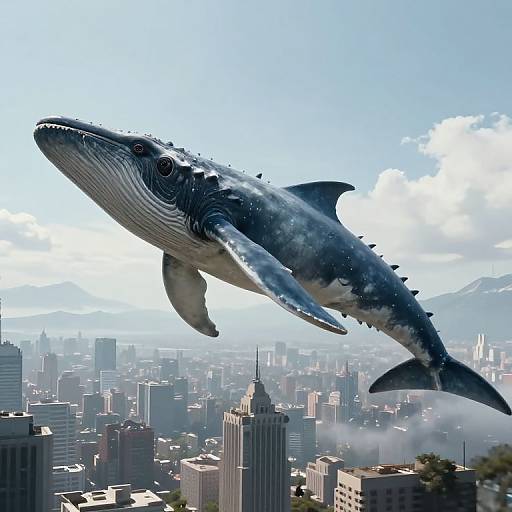 Photorealistic CGI of a massive whale with detailed textures soaring above a cityscape, with skyscrapers and distant mountains in the background.