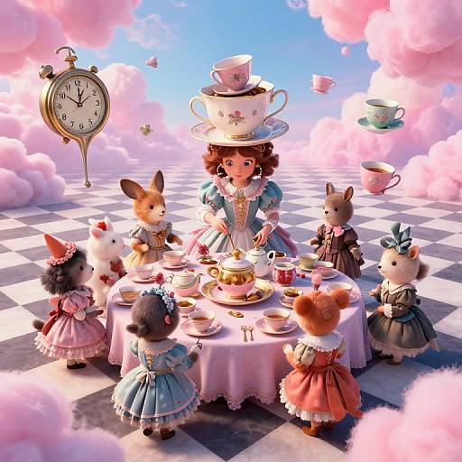 Whimsical digital art: Curly-haired girl in blue dress, teapot hat, serves tea to six doll-like children in frilled dresses,
