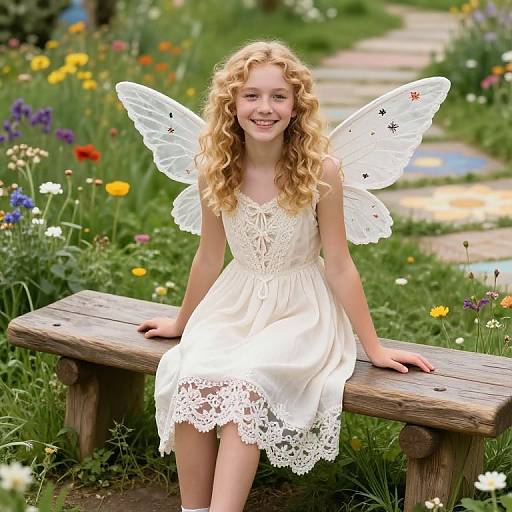 Photograph of a smiling young girl with curly blonde hair, wearing a white lace dress and white fairy wings, sitting on a wooden bench in a colorful