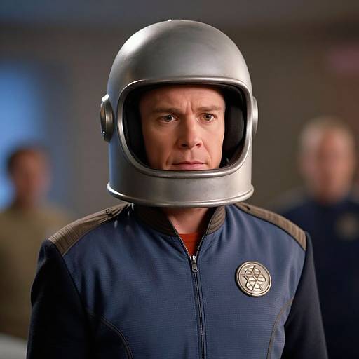 Photograph of an older man in a silver helmet and blue jacket with a circular emblem, serious expression, blurred background.