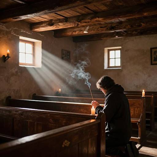 Photograph of a person in a dark wooden church, smoking a cigarette with sunbeams highlighting smoke, candles, and rustic walls.