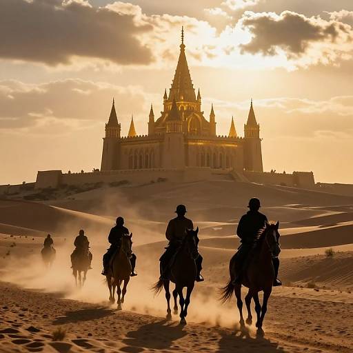 Silhouetted Riders Journey to Spired Citadel