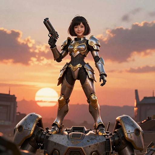Digital artwork of an Asian woman in a gold and black armored suit, standing on a robotic vehicle, holding a gun, against a sunset sky.