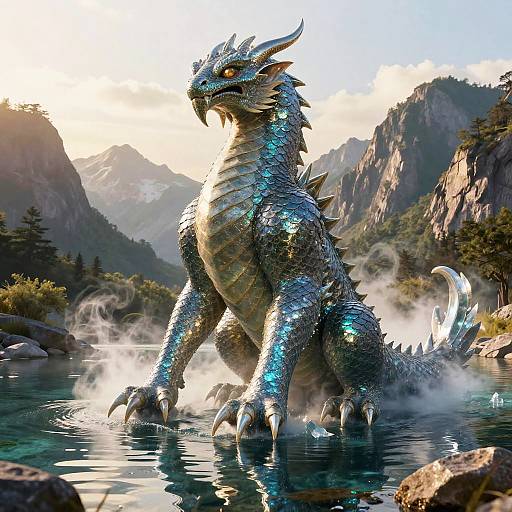 Digital artwork of a majestic, blue-scaled dragon with glowing accents, standing in a misty mountain lake, surrounded by rocky cliffs and evergreen trees
