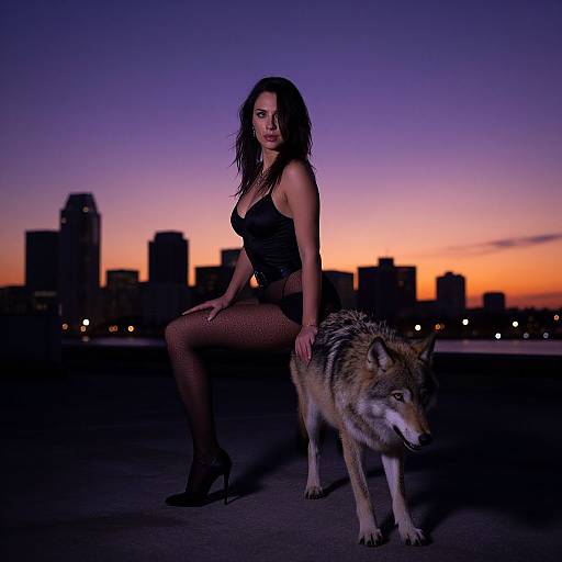 Photograph of a dark-haired woman in black lingerie and fishnet stockings, sitting beside a wolf, against a twilight city skyline.