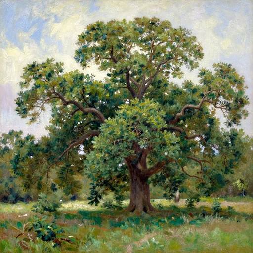 Realistic painting of a large, lush green tree with thick branches, standing in a sunlit grassy field, surrounded by smaller trees.