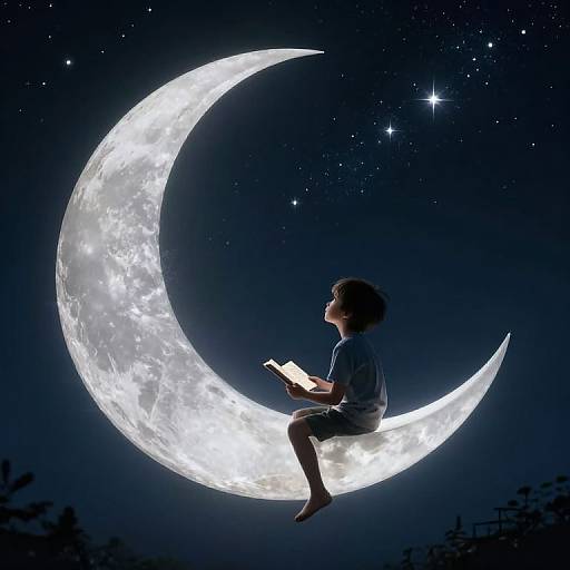 Silhouetted child reading on glowing crescent moon, surrounded by starry night sky. Dreamy, magical illustration.