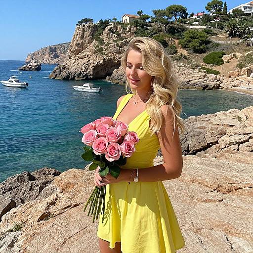 Blonde woman in yellow dress holding pink rose bouquet stands on rocky seaside cliff with blue ocean and boats in background.