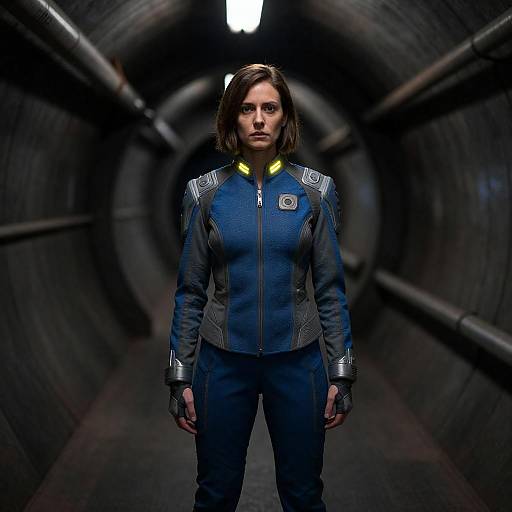 Woman in Futuristic Suit Standing in Industrial Tunnel