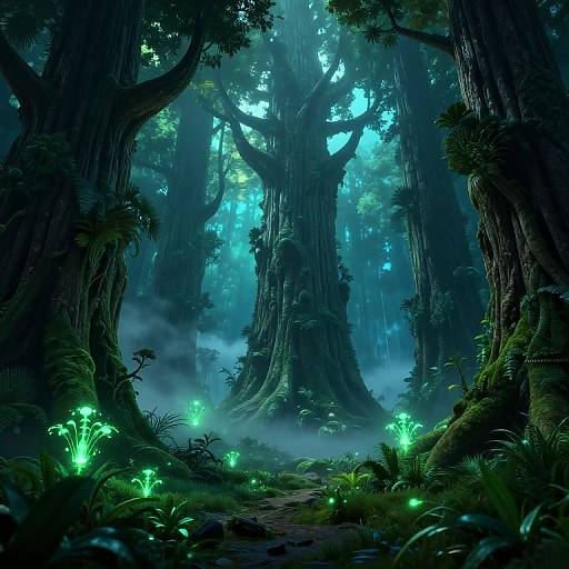 Fairy-tale forest scene: towering, moss-covered trees with luminous, green mushrooms glowing in the misty, moonlit blue forest. Digital