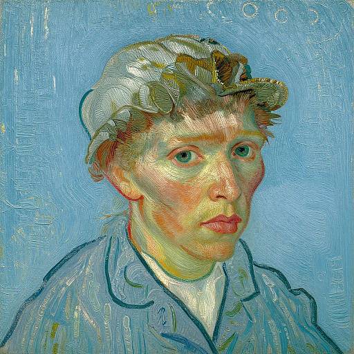 Impressionist-style digital painting of a young person with short, curly hair, wearing a white hat and light blue shirt, against a vibrant blue background