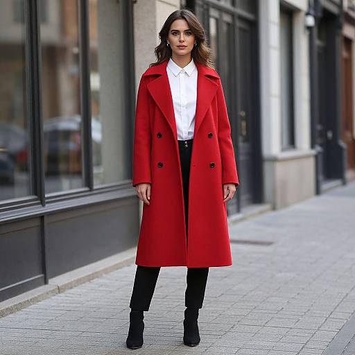 Photograph of a confident woman with wavy brown hair, wearing a vivid red double-breasted coat, white shirt, black pants, and black boots
