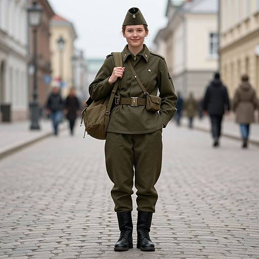 WWII-Era Woman on Cobblestone Street