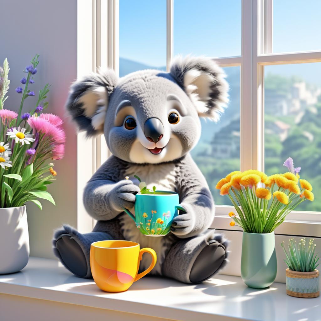 Whimsical Koala with Tea and Flowers