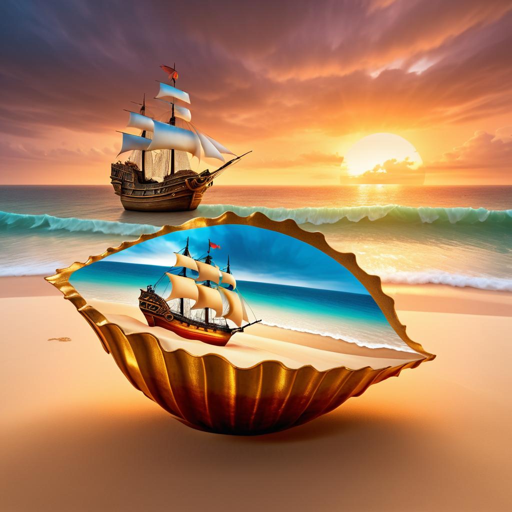 Stormy Seashell with Pirate Ship