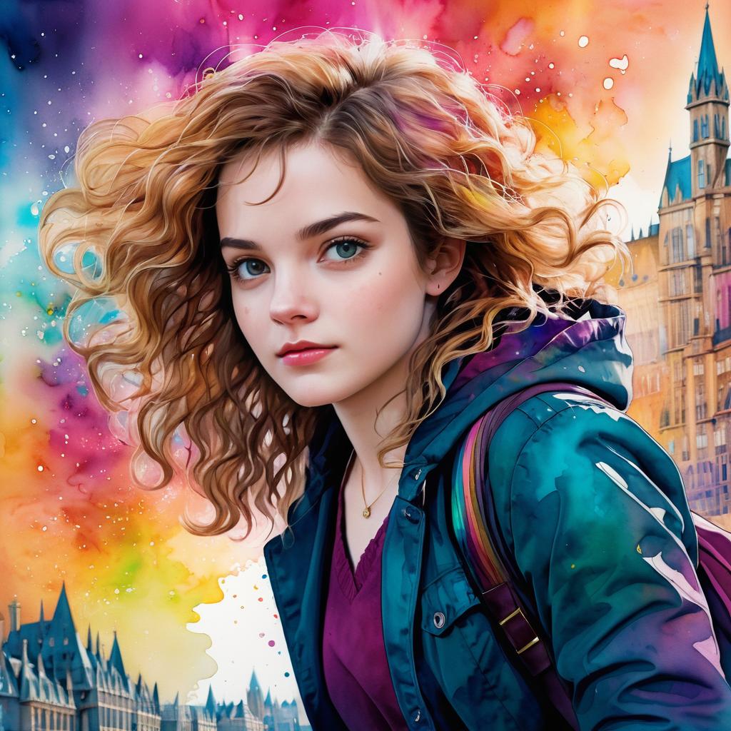 Vibrant Hermione Granger Portrait in Watercolor