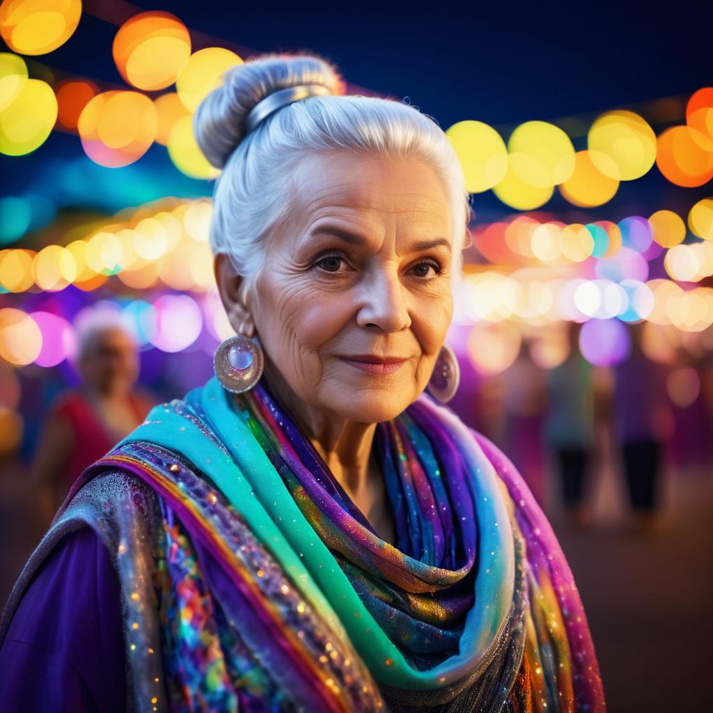 Elderly Woman at Night Carnival Portrait