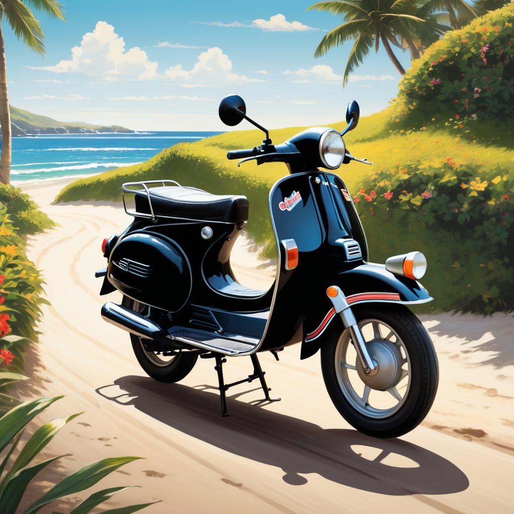 Retro Black Moped Racing by the Beach