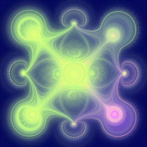 Digital art of glowing, neon green and purple circular patterns with swirling lines on a deep blue background, creating a vibrant, futuristic effect.