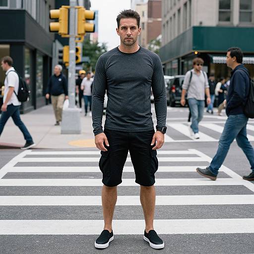 Photograph of a muscular, bearded man in a black long-sleeve shirt and black shorts standing on a city crosswalk, surrounded by pedestrians