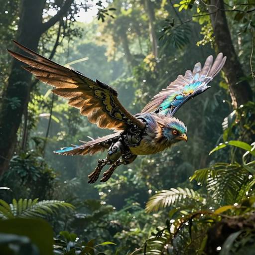 Digital artwork of a mythical, colorful bird-like creature with glowing blue and brown feathers, flying through a lush, sunlit jungle.