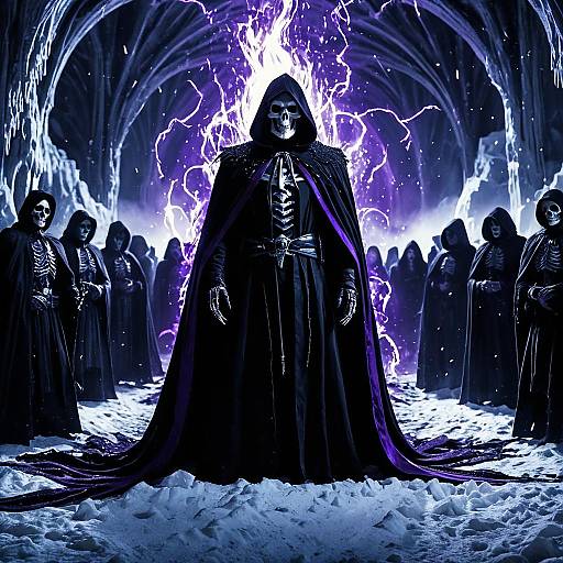 Gothic Grim Reaper with Purple Flames in Ice Valley