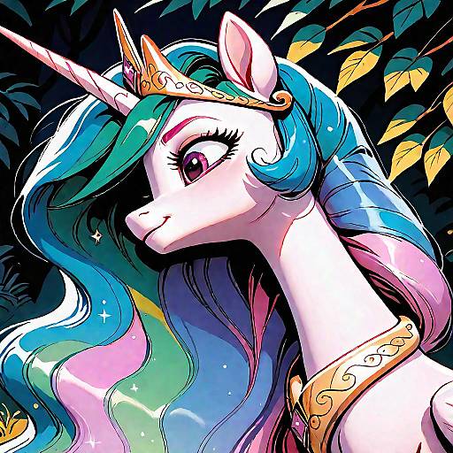 Digital drawing of a majestic white unicorn with a flowing multicolored mane, purple eyes, golden crown, and ornate collar, set against a dark