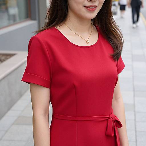 Photograph of an Asian woman with long brown hair, wearing a bright red short-sleeved dress with a tied waist, standing on a city sidewalk