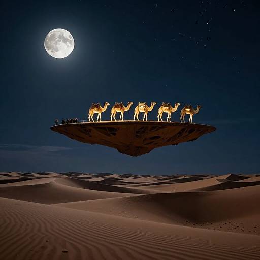 Photograph of six illuminated camels standing on a floating desert island under a bright full moon, with starry night sky and sand dunes below.