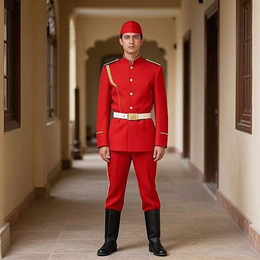 Photograph of a young South Asian man standing in a hallway, wearing a bright red military-style uniform with gold stripes, black boots, and a matching