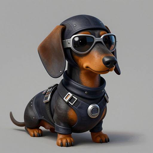 CGI image of a dachshund wearing black leather harness, aviator sunglasses, and leather cap, standing against a light gray background.