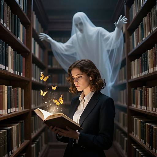 Photograph of a serious brunette woman in a black suit reading a glowing book with floating butterflies, a ghostly figure looming behind her in a dimly