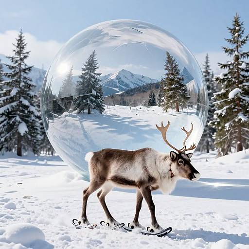 Photograph of a brown reindeer with antlers standing in snow, with a large, reflective glass sphere behind it, showing a snowy forest and mountains