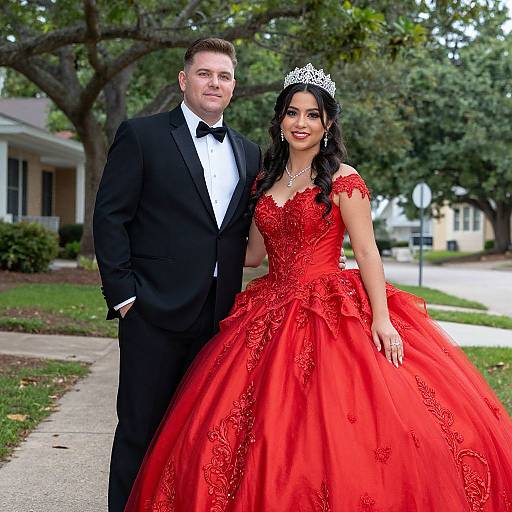 Photograph of a fair-skinned man in a black tuxedo and a dark-haired woman in a red, lace-embellished ball gown